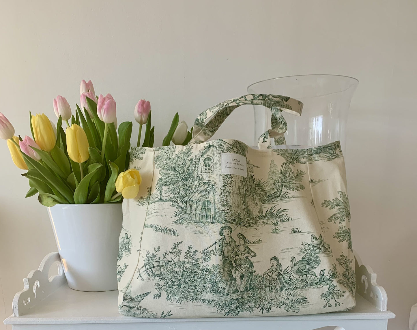 CABAS TOILE DE JOUY VERT / CABAS MADE IN FRANCE