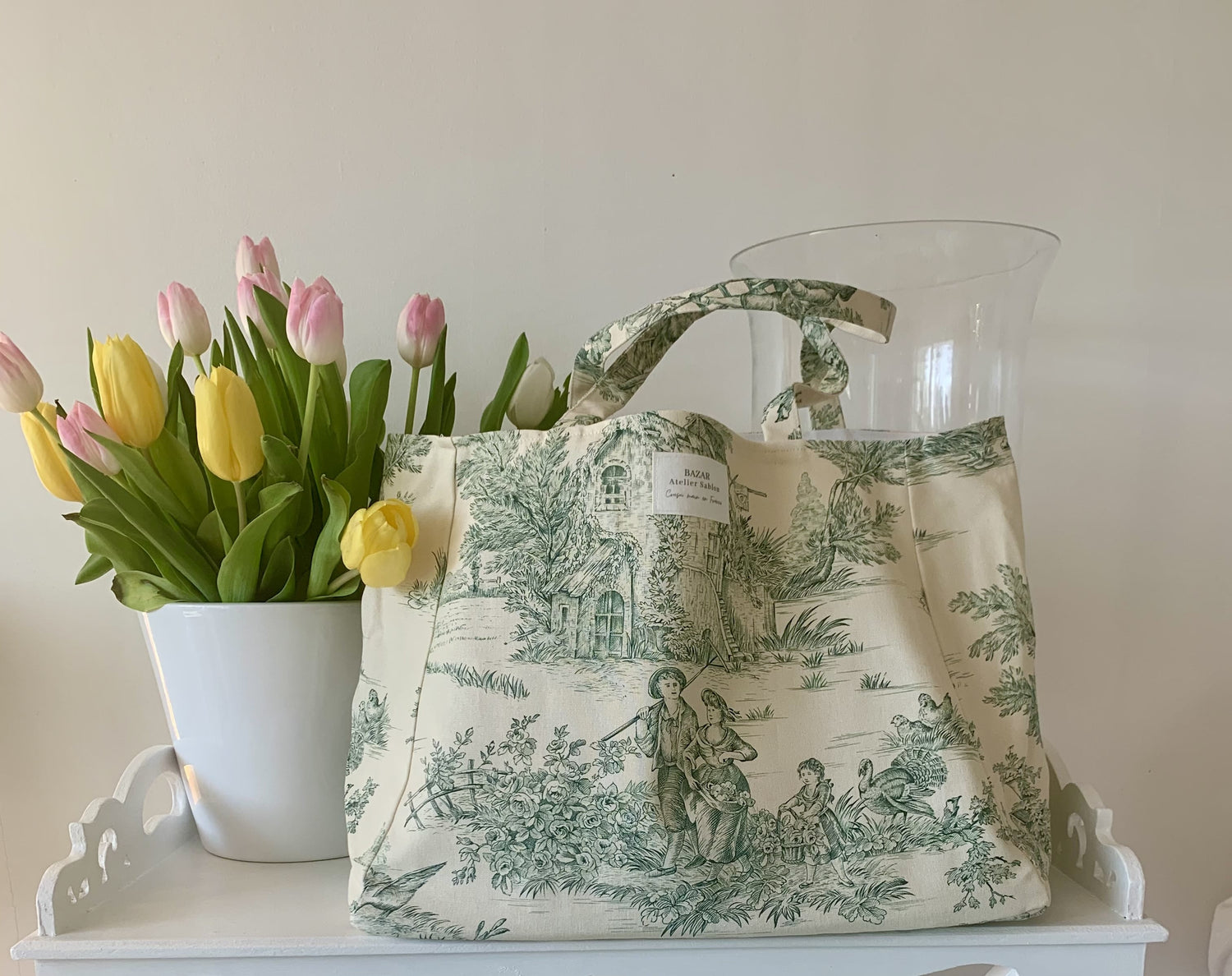 CABAS TOILE DE JOUY VERT / CABAS MADE IN FRANCE